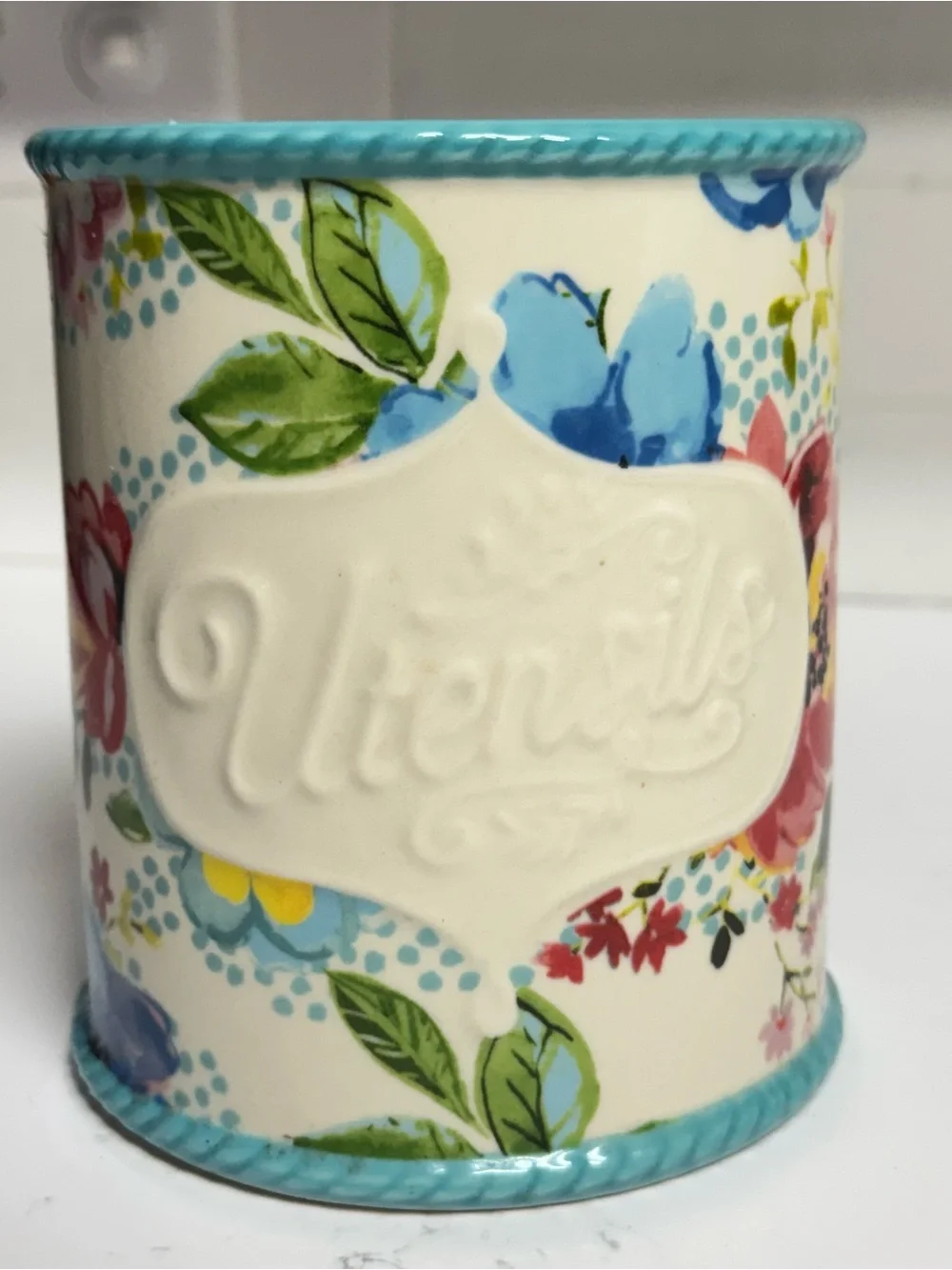The Pioneer Woman Melody Stoneware Utensil Holder Turquoise Blue Floral